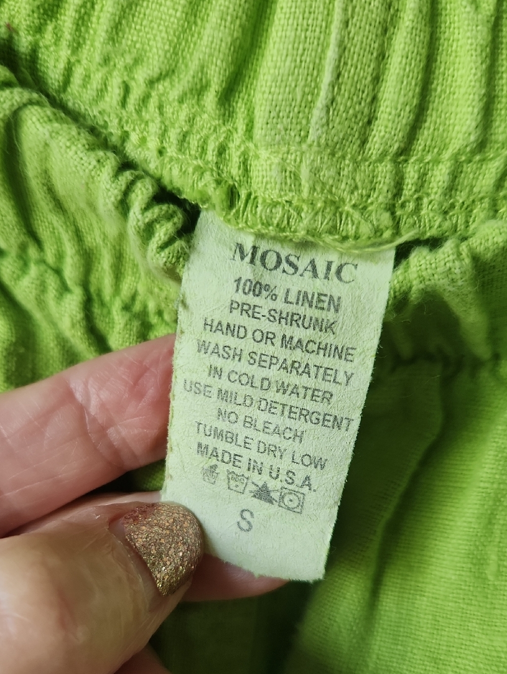 mosaic usa linen pants medium lime green pockets pull on stretchy elastic waist - Picture 7 of 11